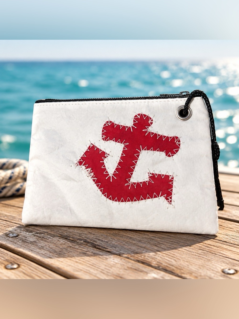 White Sailcloth Zip Pouch with Red Anchor